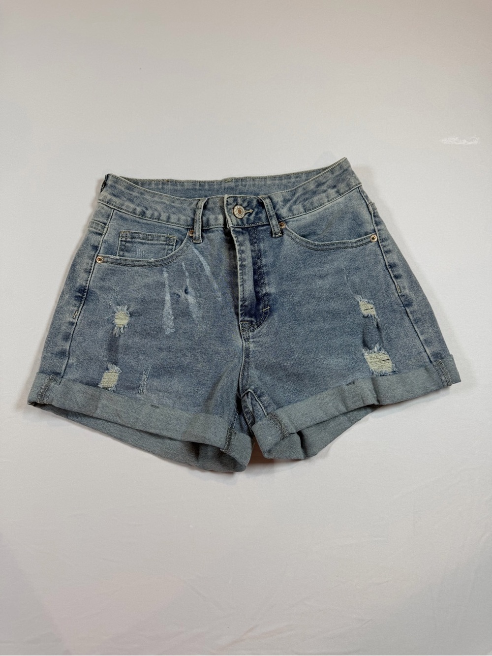 Rolled Cuff Distressed Denim Shorts - Light Blue Size: S